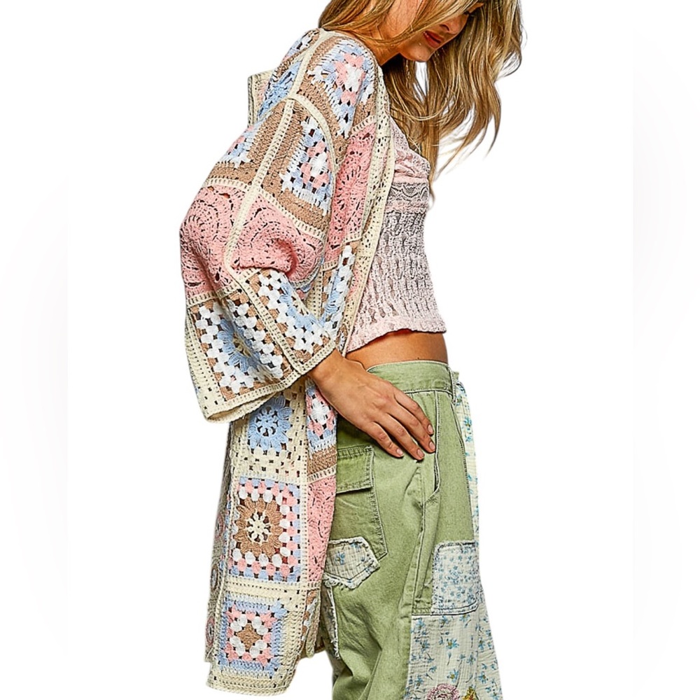 POL Boho Crochet Patchwork Open Cardigan - Pink & Cream